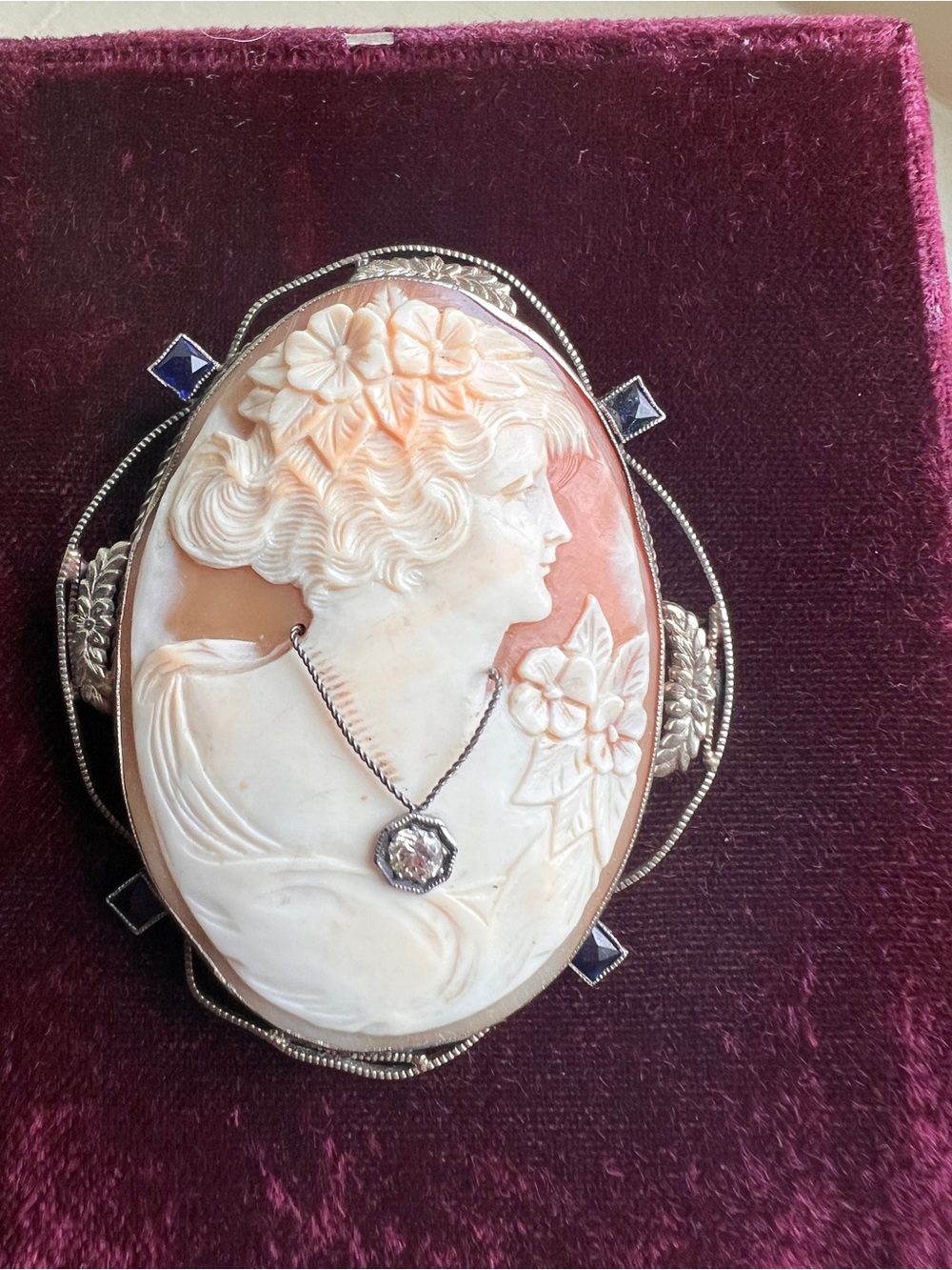 Art Nouveau 14k Gold Shell Cameo Pendant Brooch Pin Diamond En Habille
